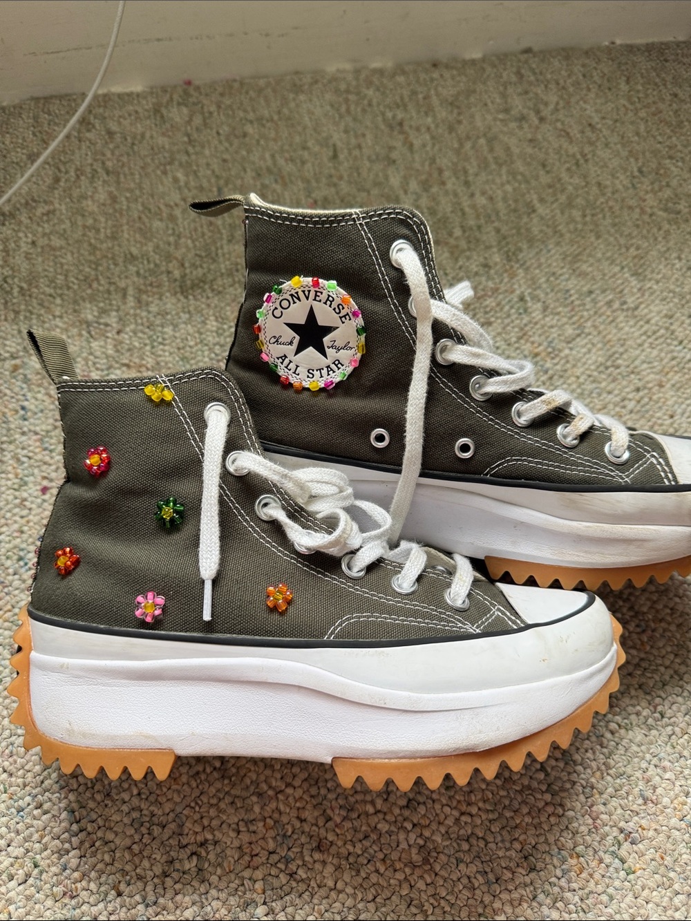 Converse Olive High-Top Platform Sneakers with Multicolor Gem Flowers